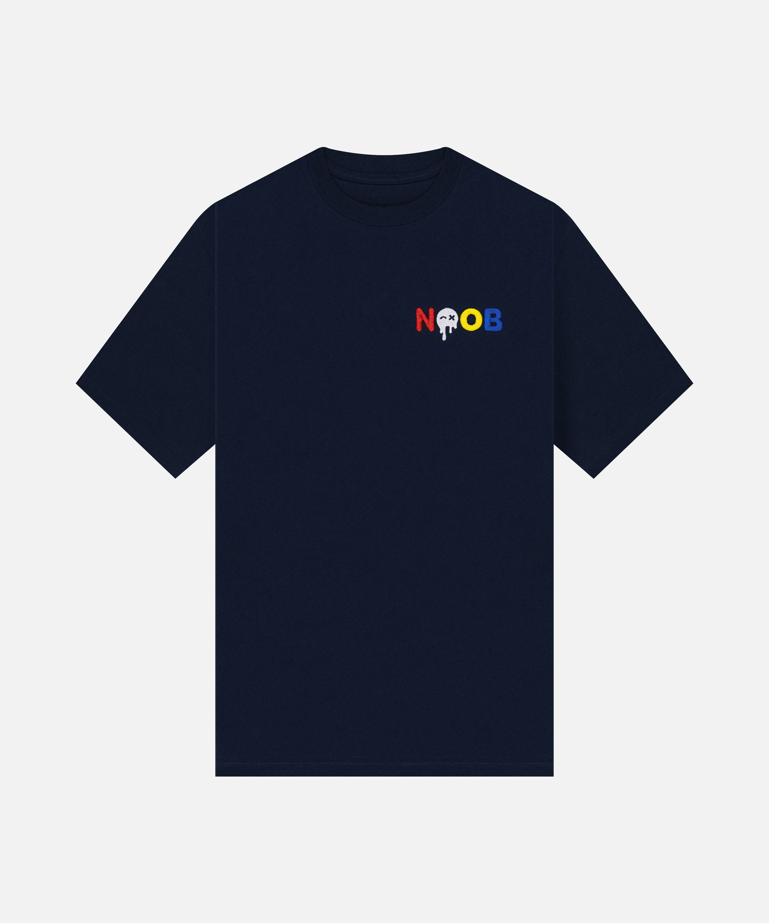 NOOB Multi Logo embroidered on the font, left chest of a navy t-shirt.