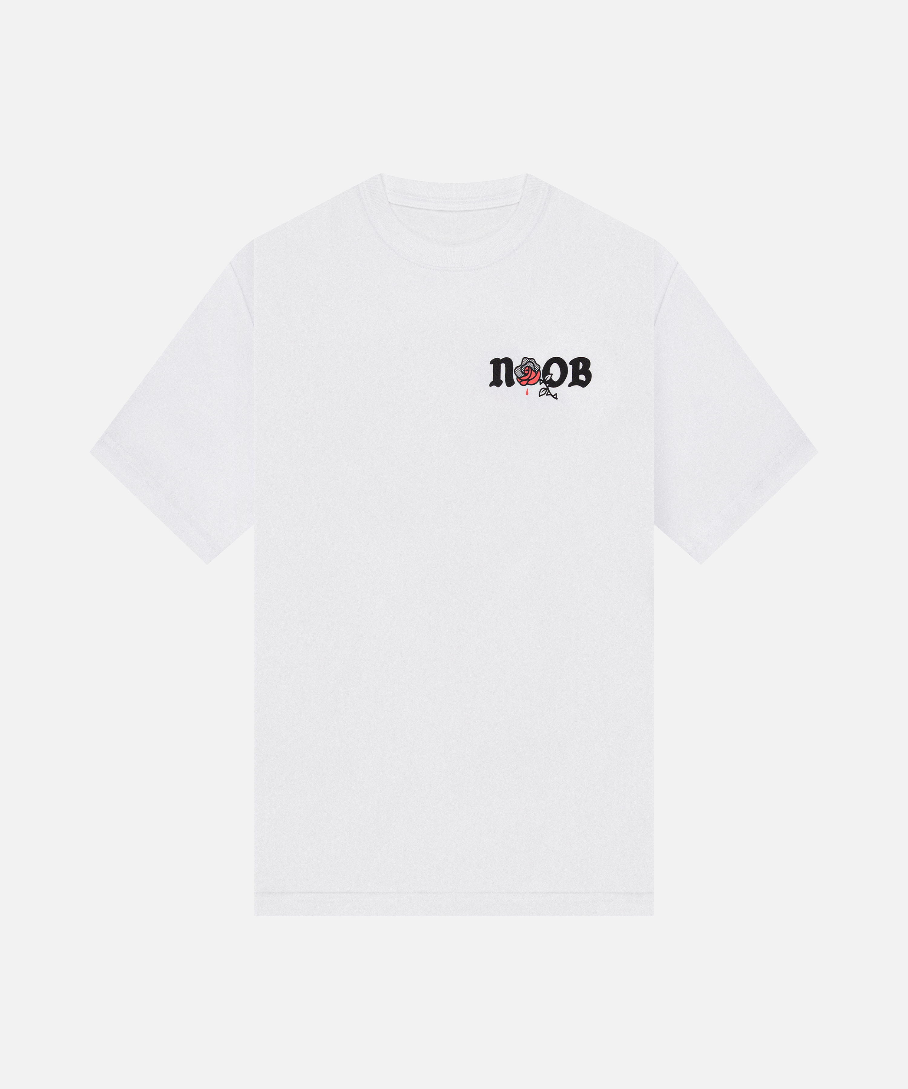 NOOB Obsidian graphic printed on the front, left chest, of a white t-shirt.