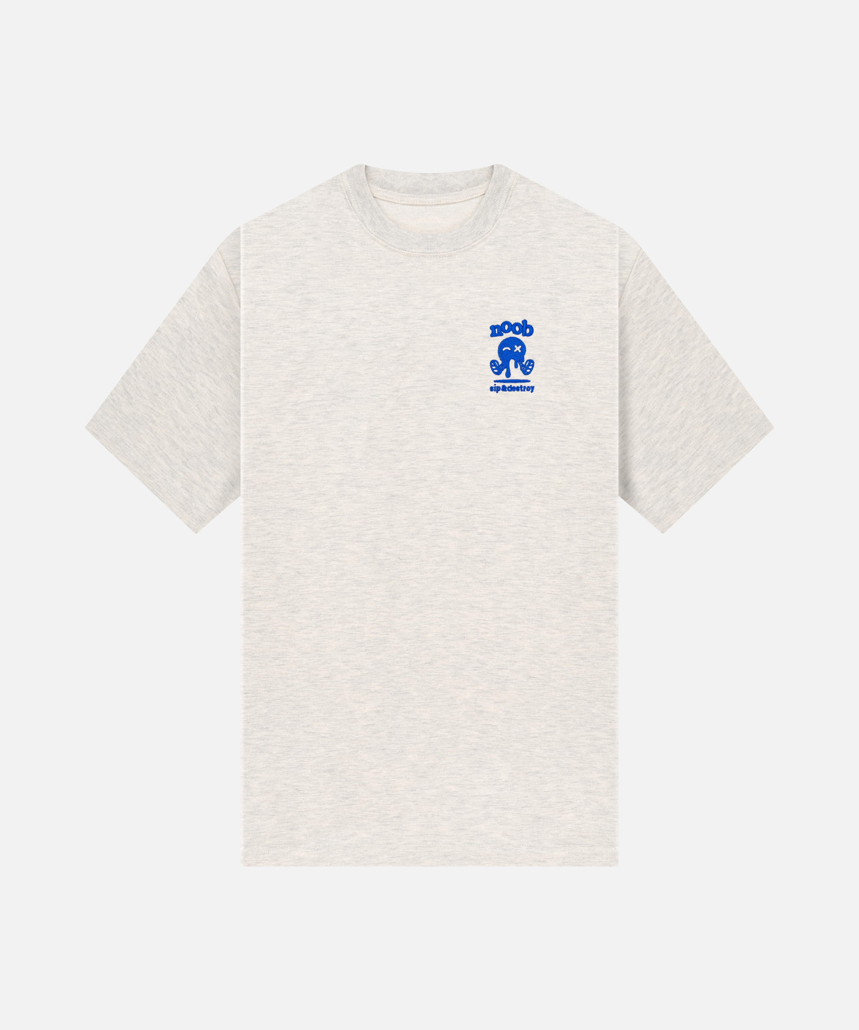 NOOB Spanky Logo embroidered in blue on the font of a heather oatmeal t-shirt.