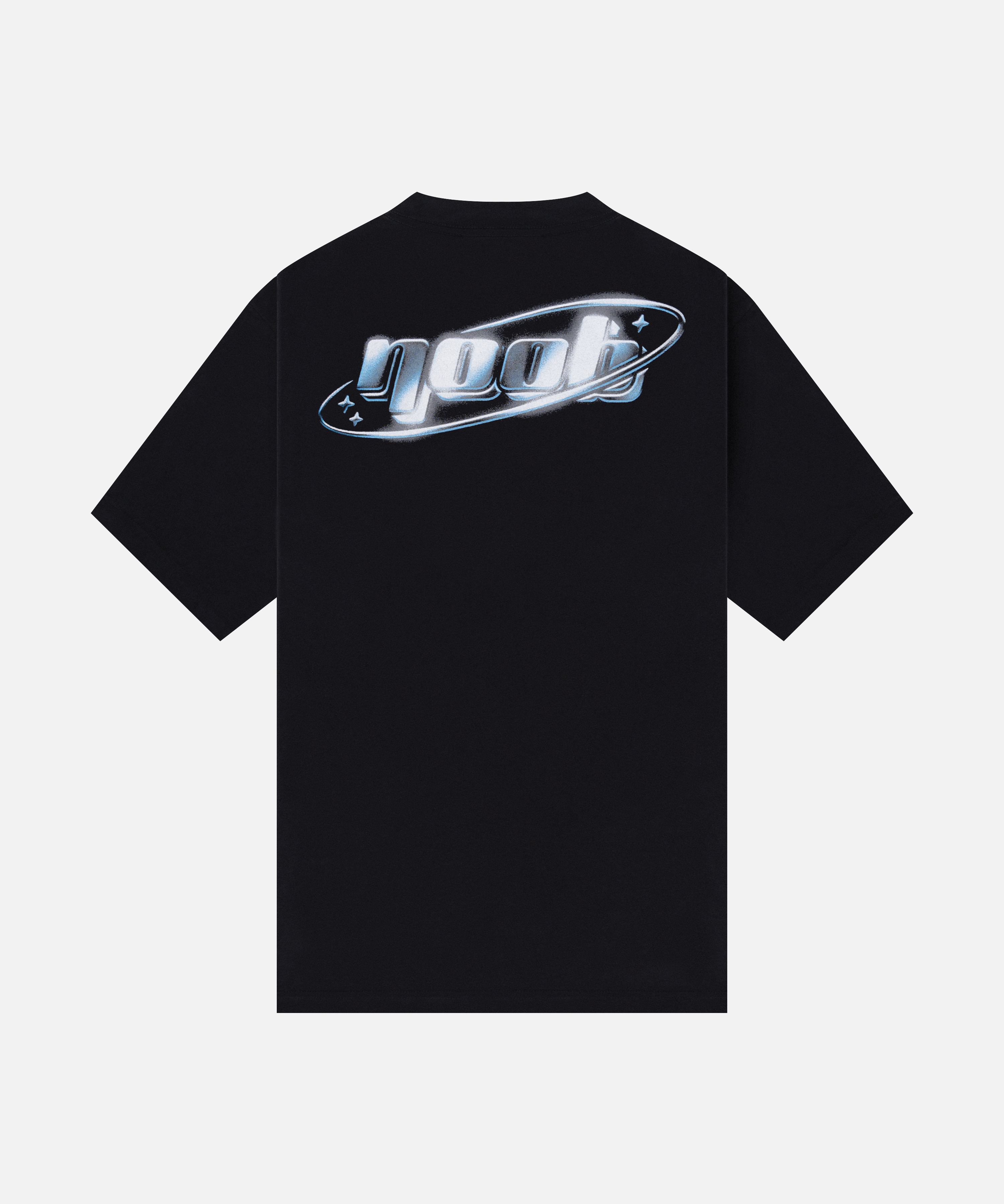 NOOB Chromatic logo printed on the back of a black, slight oversized, relaxed fit t-shirt.