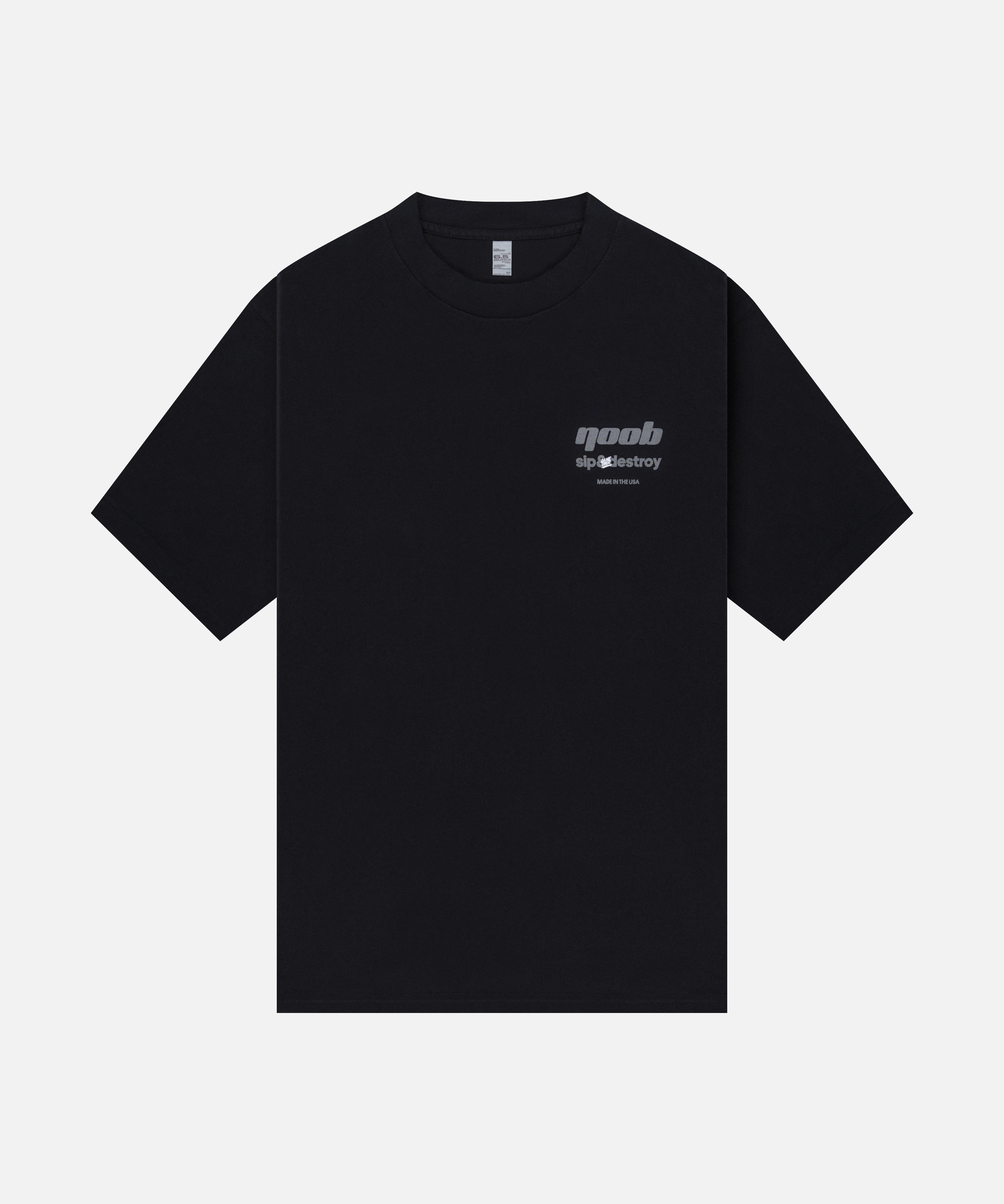NOOB Chromatic artwork printed on the front, left chest, of a black, slightly oversized, relaxed fit t-shirt.