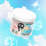 A container of NOOB Pro Series - Mystery.txt lemonade iced tea flavor is floating in the clouds with delicious lemons, set against a bright blue sky—great for boosting your energy, motivation, focus, memory, and learning