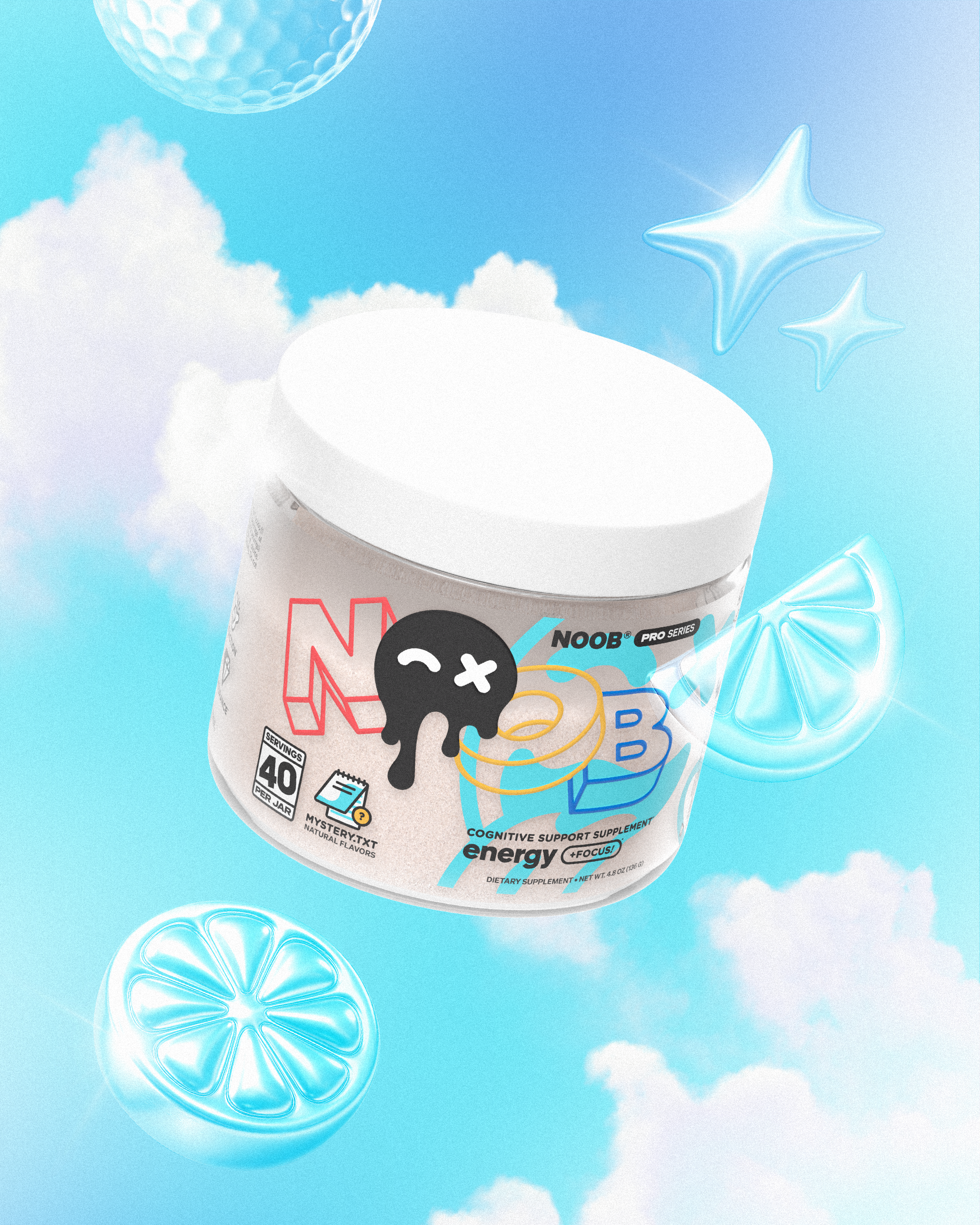 A container of NOOB Pro Series - Mystery.txt lemonade iced tea flavor is floating in the clouds with delicious lemons, set against a bright blue sky—great for boosting your energy, motivation, focus, memory, and learning