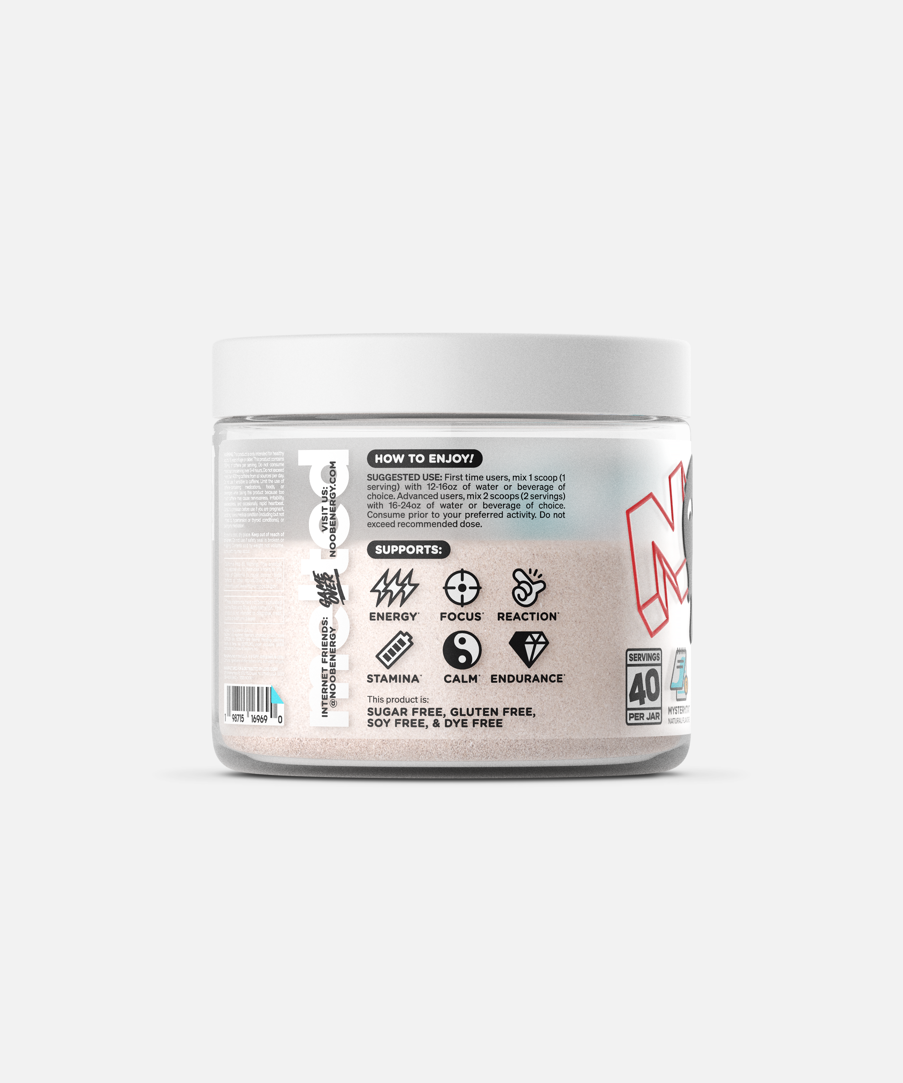 NOOB Pro Series Mystery flavor gaming energy drink powder, 200mg natural caffeine with alpha-GPC and L-theanine, zero sugar Back