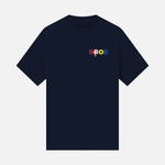 NOOB Multi Logo embroidered on the font, left chest of a navy t-shirt.