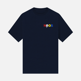 NOOB Multi Logo embroidered on the font, left chest of a navy t-shirt.
