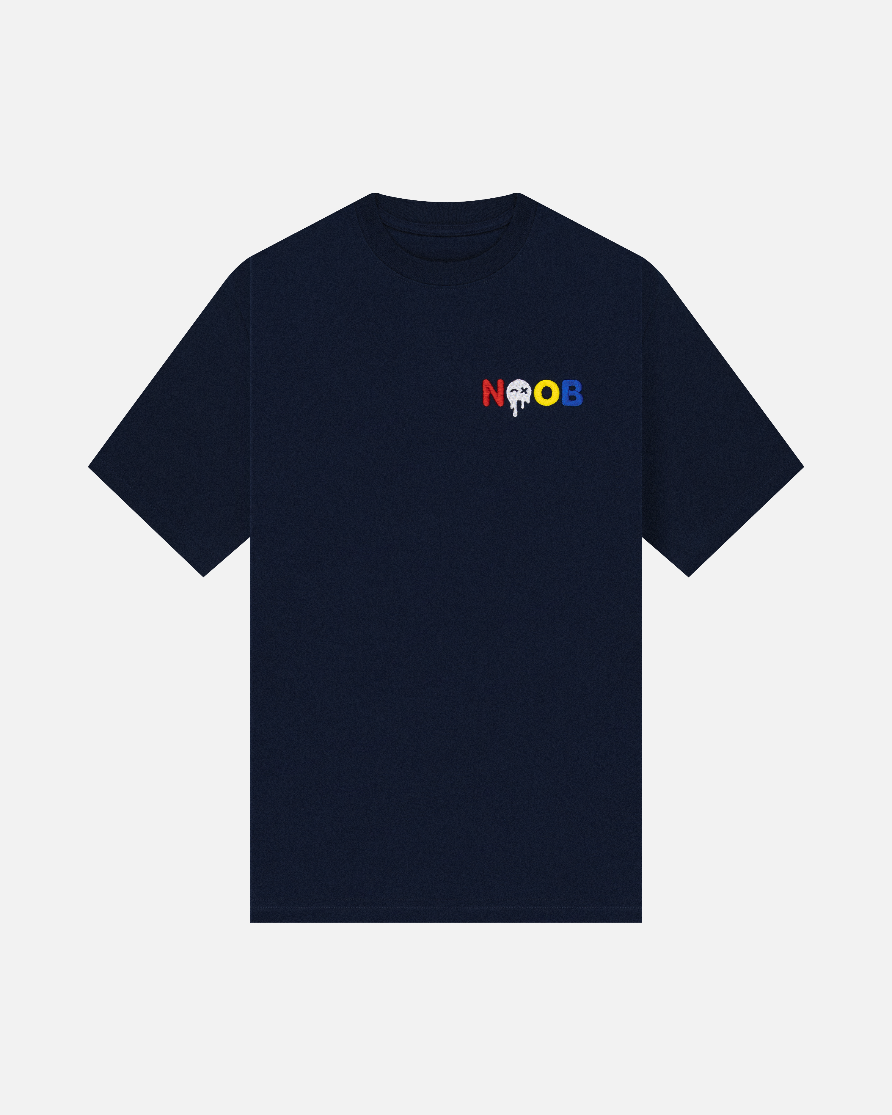 NOOB Multi Logo embroidered on the font, left chest of a navy t-shirt.