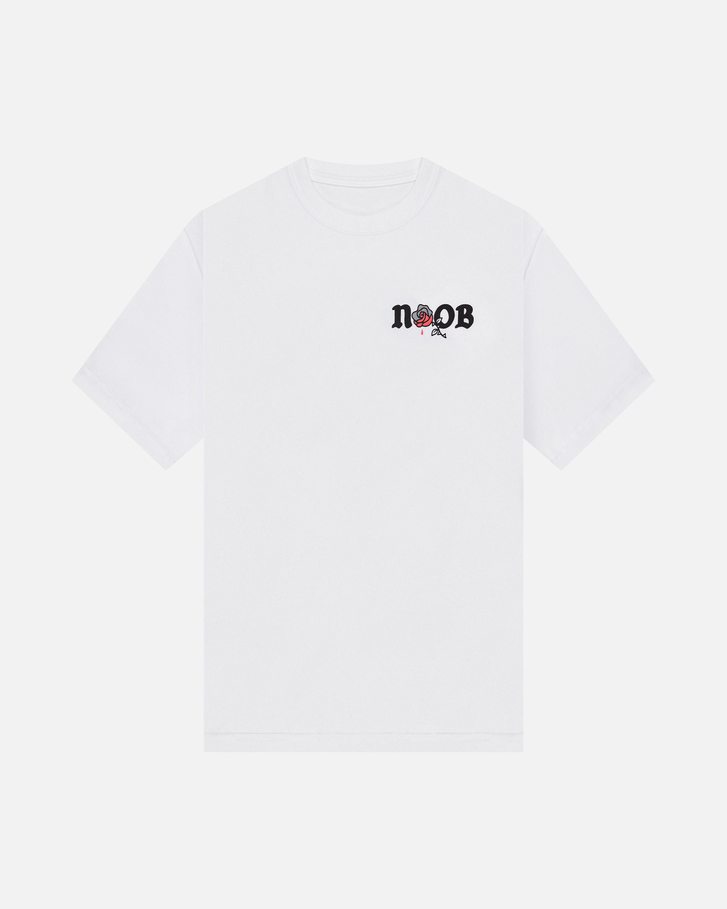 NOOB Obsidian graphic printed on the front, left chest, of a white t-shirt.