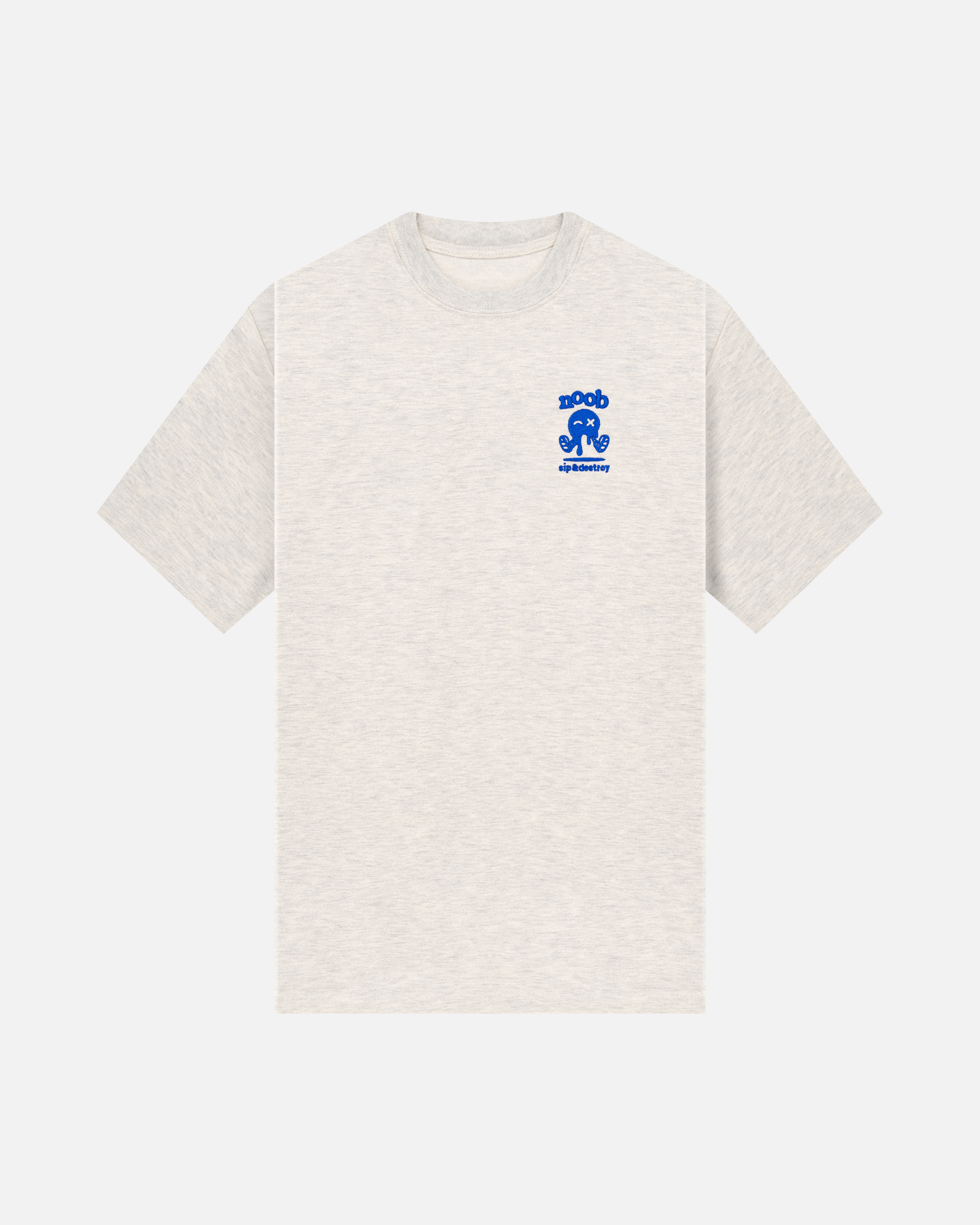 NOOB Spanky Logo embroidered in blue on the font of a heather oatmeal t-shirt.