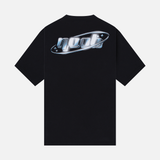 NOOB Chromatic logo printed on the back of a black, slight oversized, relaxed fit t-shirt.