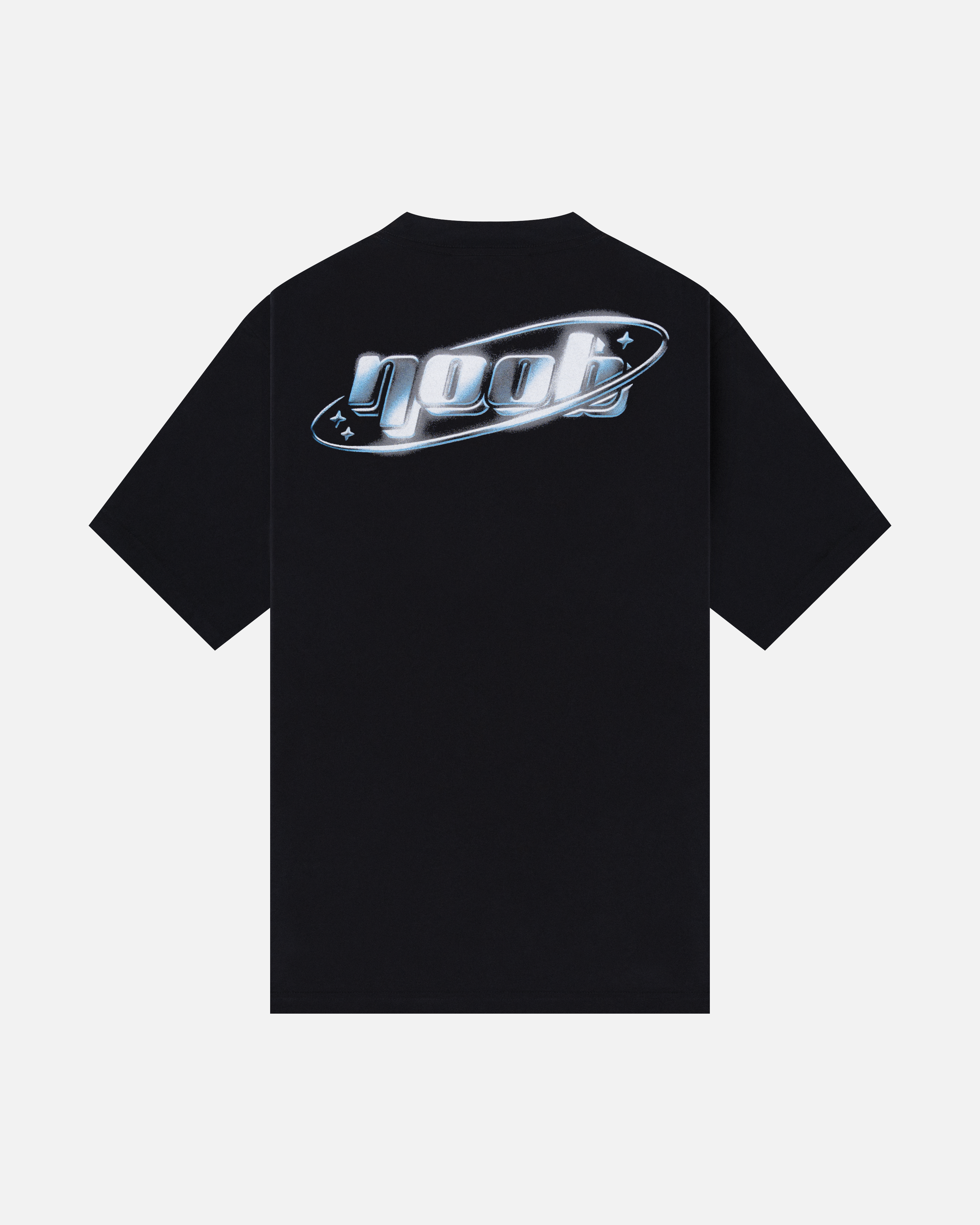 NOOB Chromatic logo printed on the back of a black, slight oversized, relaxed fit t-shirt.