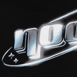 Close up shot showing the high quality detail of the NOOB Chromatic logo printed on the back of a black, slight oversized, relaxed fit t-shirt.