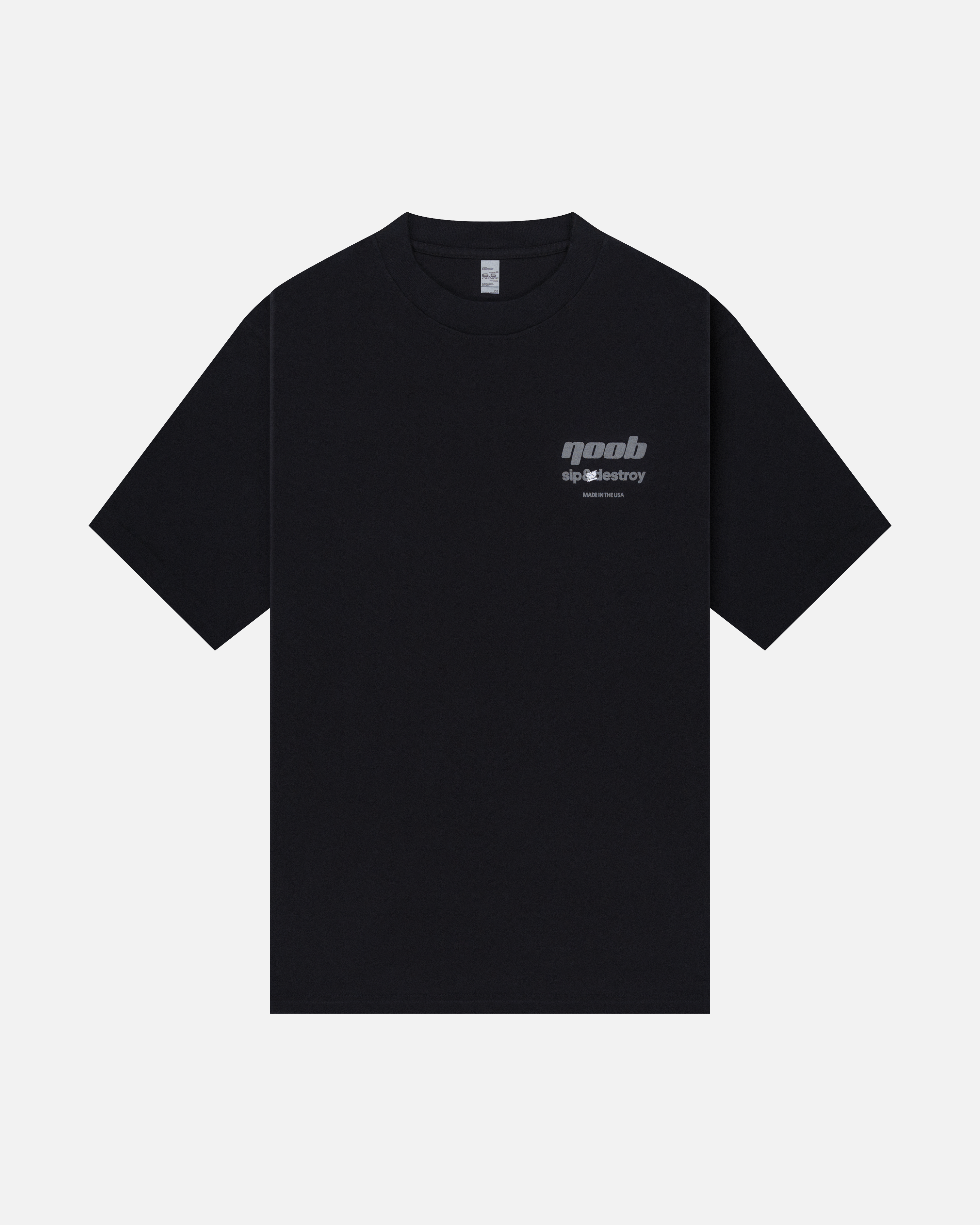 NOOB Chromatic artwork printed on the front, left chest, of a black, slightly oversized, relaxed fit t-shirt.