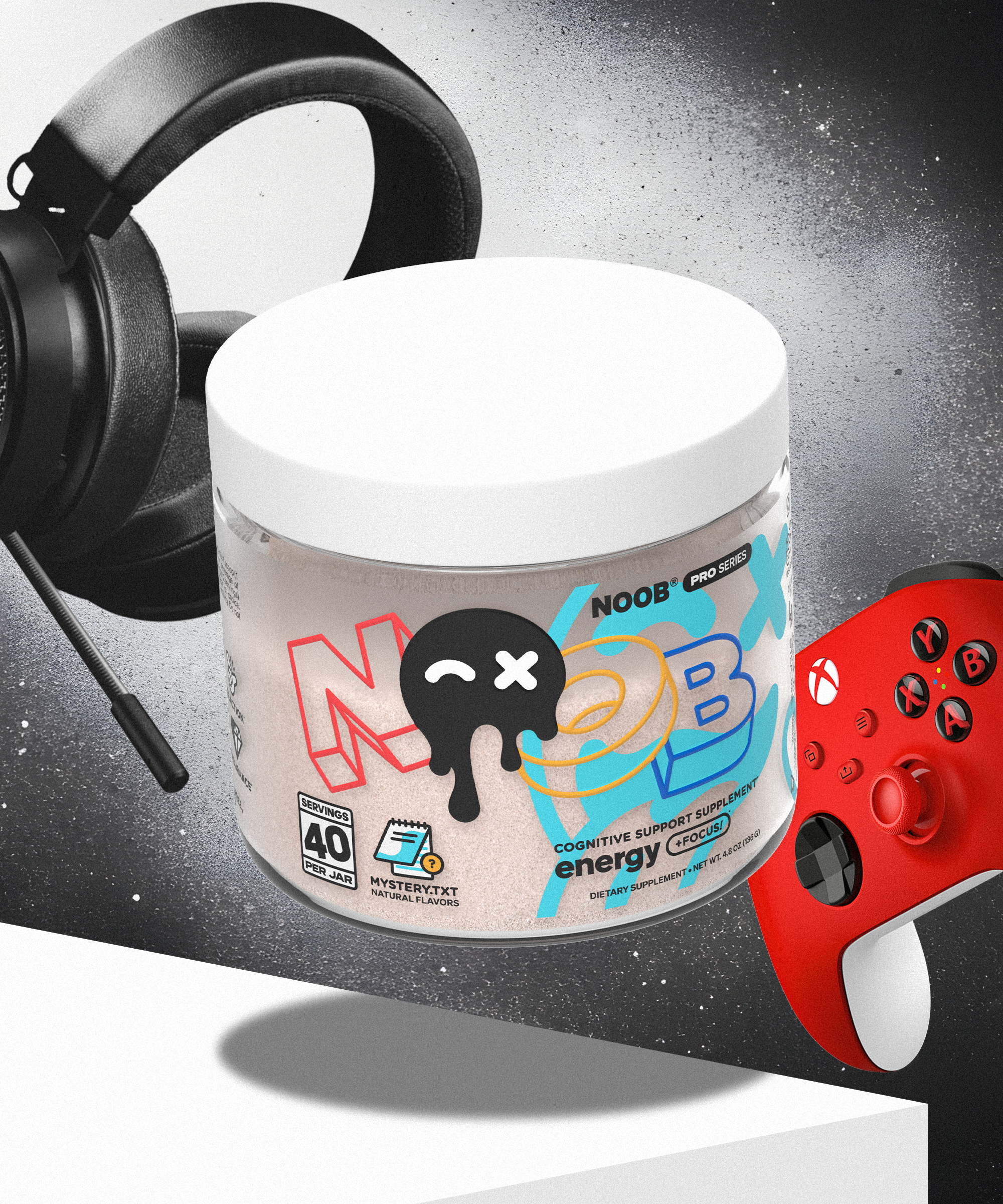 NOOB Pro Series for delicious energy and focus drink displayed with a gaming headset and Xbox controller.