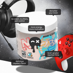 A container of NOOB Pro Series - Mystery.txt lemonade iced tea flavor are floating on a clean surface, set against a futuristic and advanced background—great for boosting your energy, motivation, focus, memory, and learning.