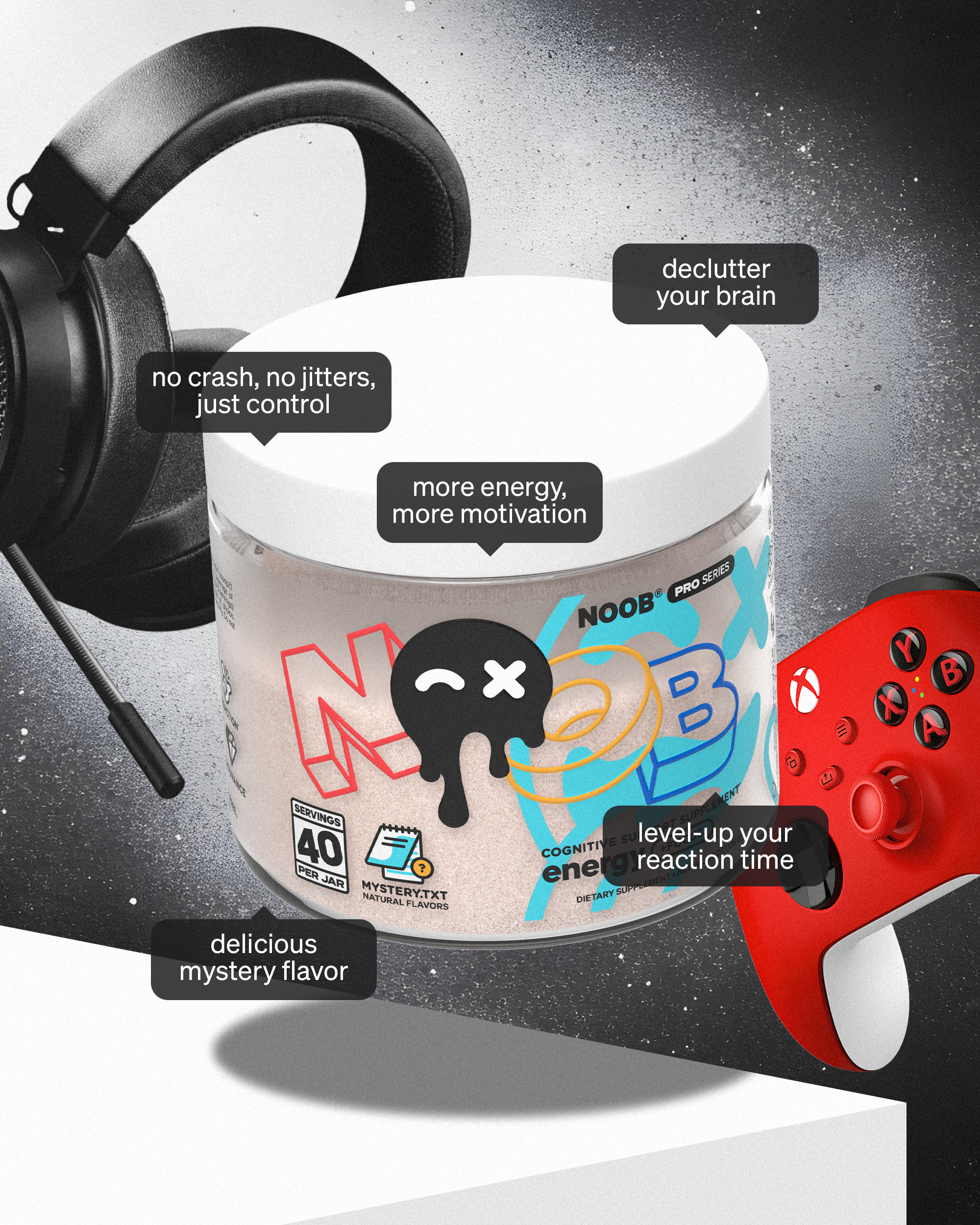A container of NOOB Pro Series - Mystery.txt lemonade iced tea flavor are floating on a clean surface, set against a futuristic and advanced background—great for boosting your energy, motivation, focus, memory, and learning.