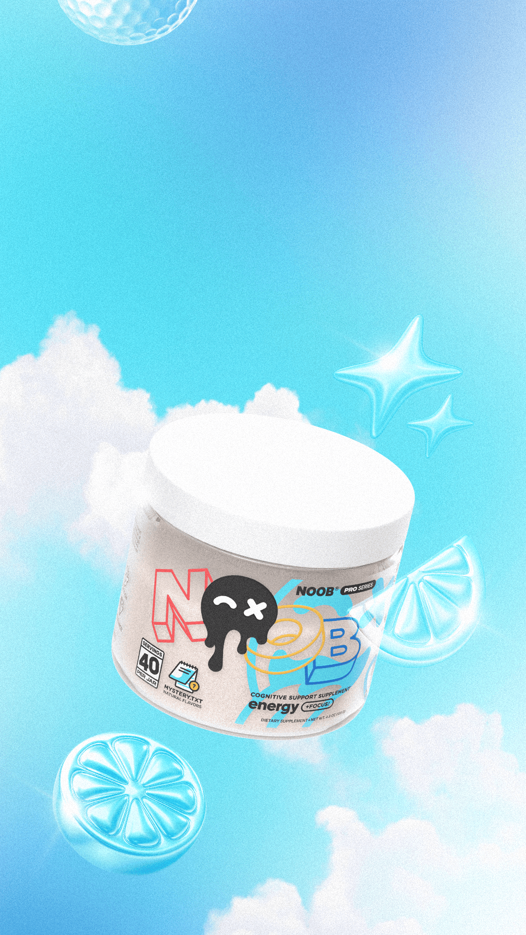 NOOB Pro Series for energy and focus supplement jar floating in a surreal sky with bright citrus icons and dreamy clouds.
